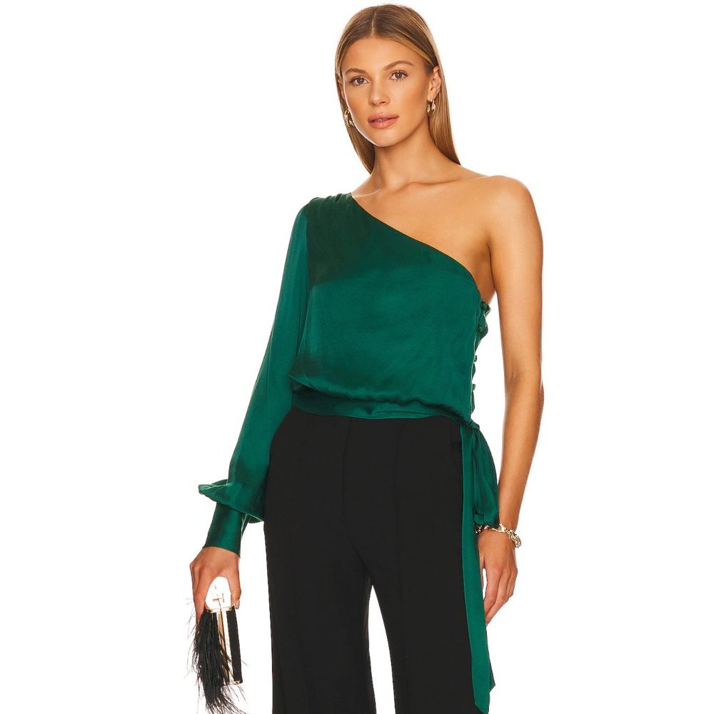 NEW Karina Grimaldi Daniela Blouse in Hunter Dark Green One Long Sleeve Satin